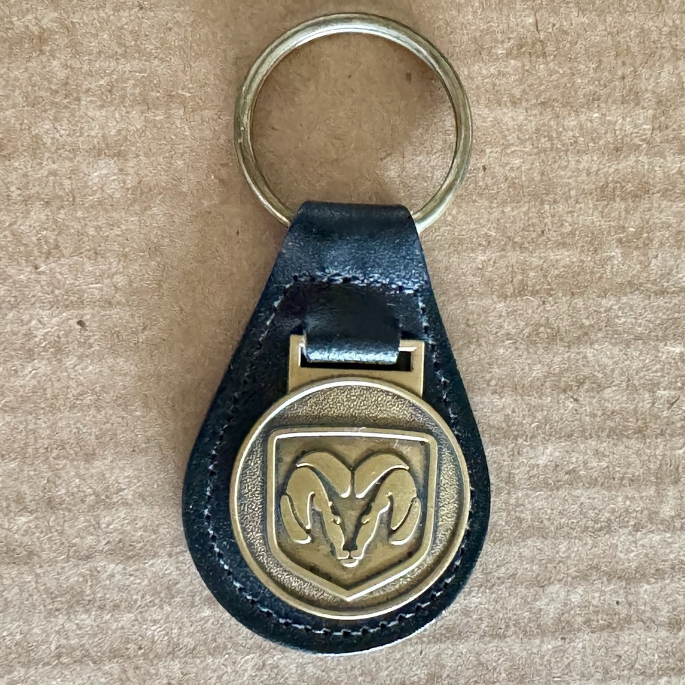 Dodge RAM Emblem Black Leather Keychain Key Ring Brass Tone 1990s Vintage